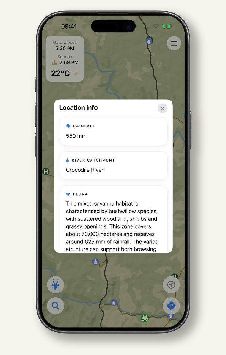 Location info showing rainfall, river catchment and flora for a spot in the park