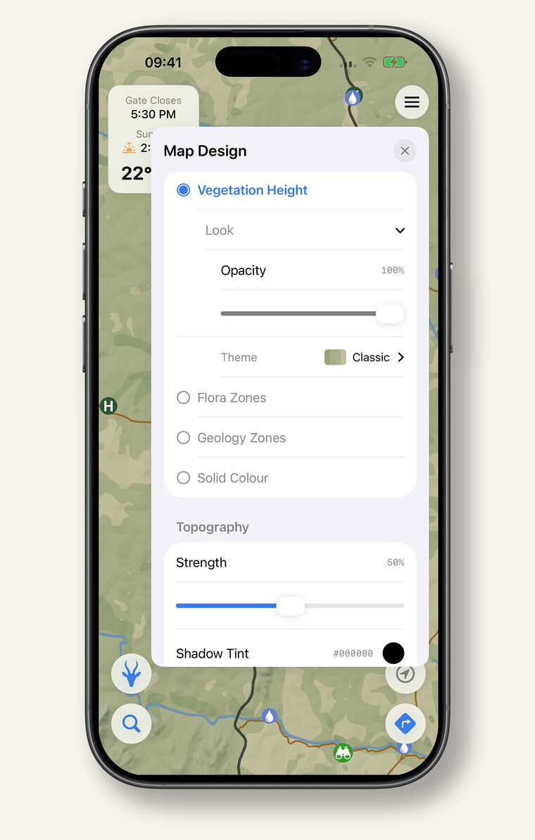 The Map Design panel with vegetation, flora, geology and topography controls