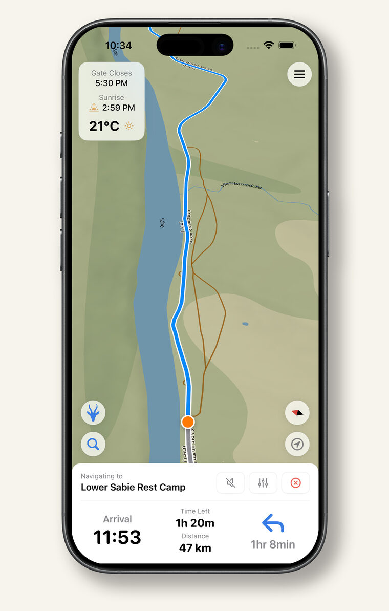 Turn-by-turn navigation to Lower Sabie Rest Camp on the offline Kruger map
