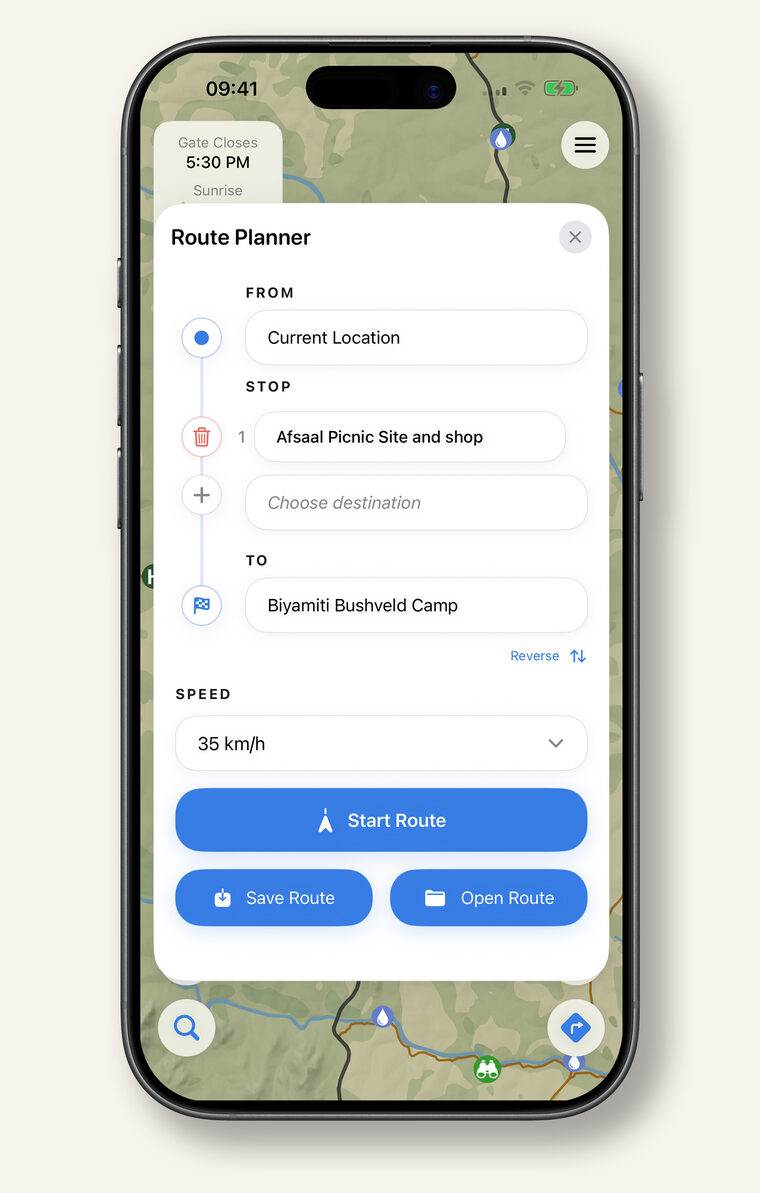 The route planner with a multi-stop drive and a chosen driving speed